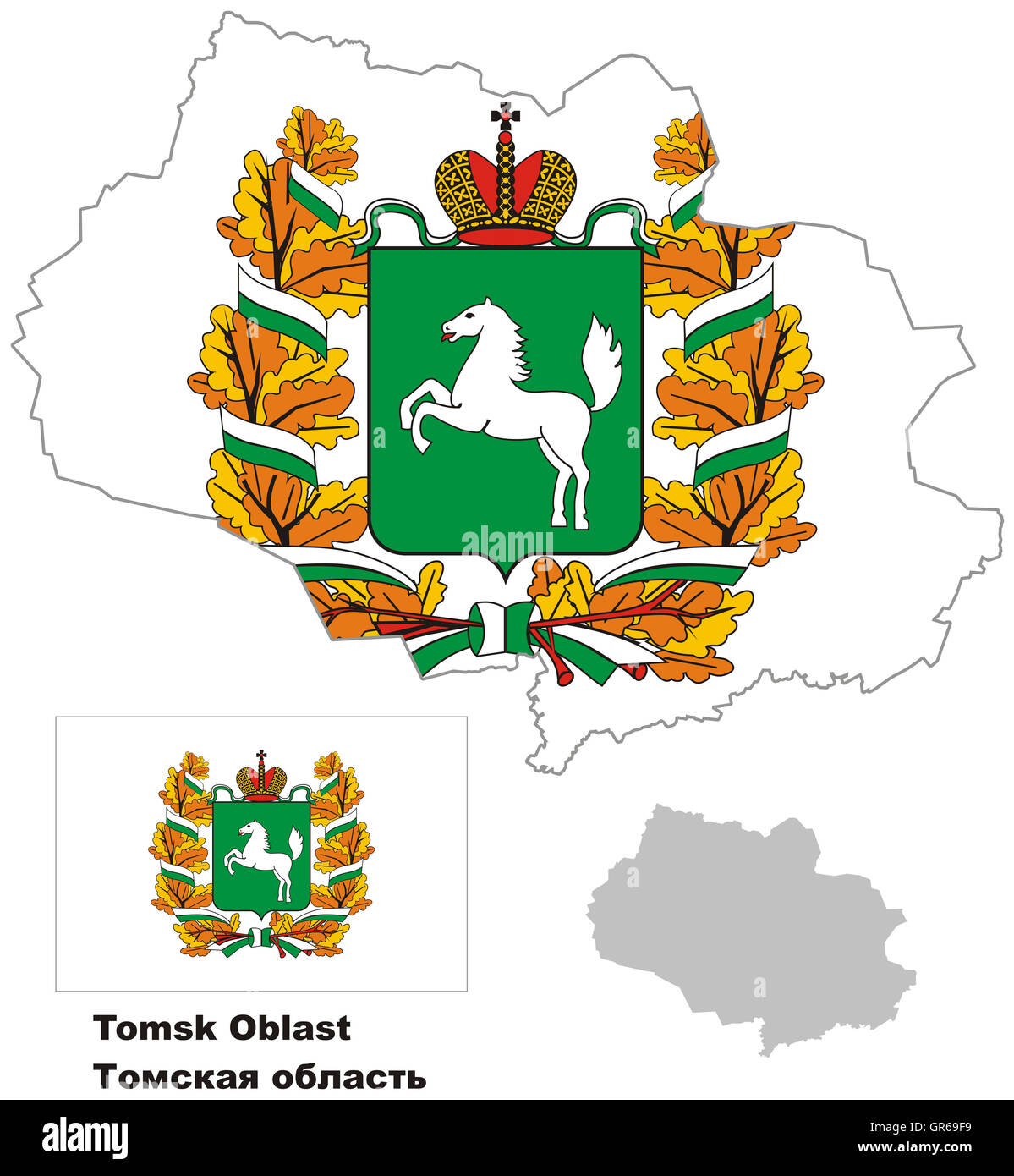 Der Umriß des Gebietes Tomsk mit Flagge. Regionen der Russischen Föderation. Vektor-Illustration. Stockfoto