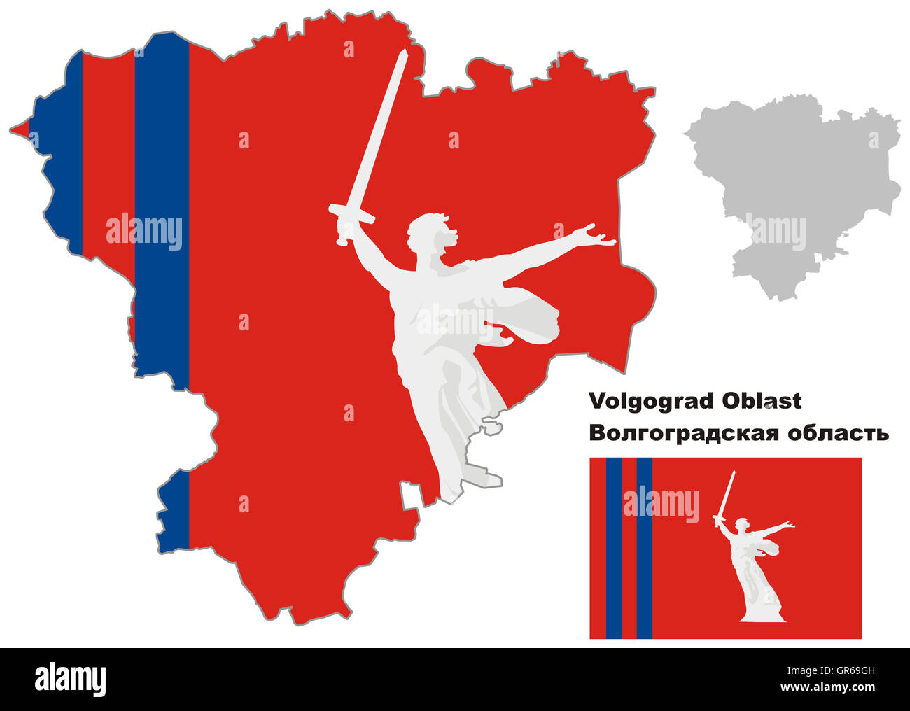 Der Umriß von Wolgograd Oblast mit Flagge. Regionen der Russischen Föderation. Vektor-Illustration. Stockfoto