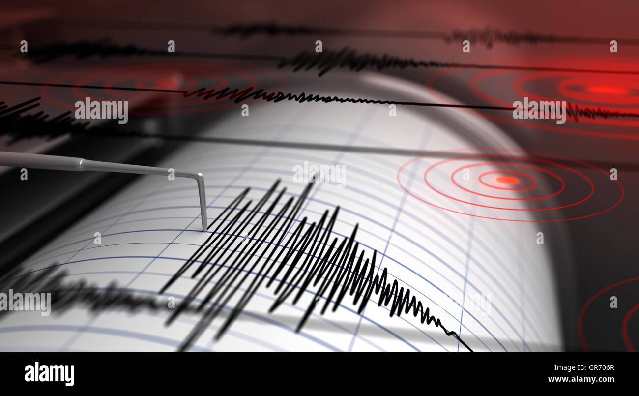 Seismograph mit Papier in Aktion und Erdbeben - 3D Rendering Stockfoto