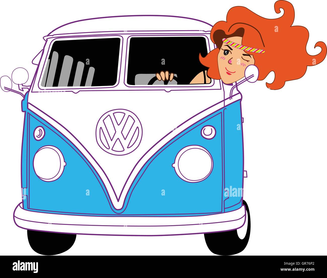 Hippie-Mädchen reiten Vintage Blue Van Cartoon Stock Vektor