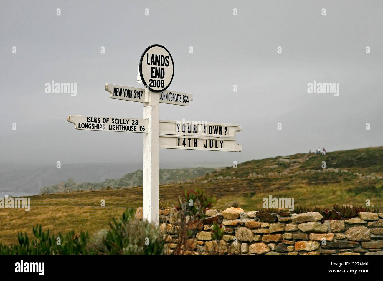 Land S End, Ausrichtung Zeichen, Cornwall, England, Vereinigtes Königreich Stockfoto