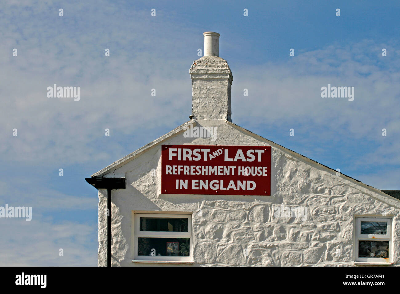 Land S End, Cornwall, erster Verstärker letzte Haus, Erfrischung Südwestengland Stockfoto