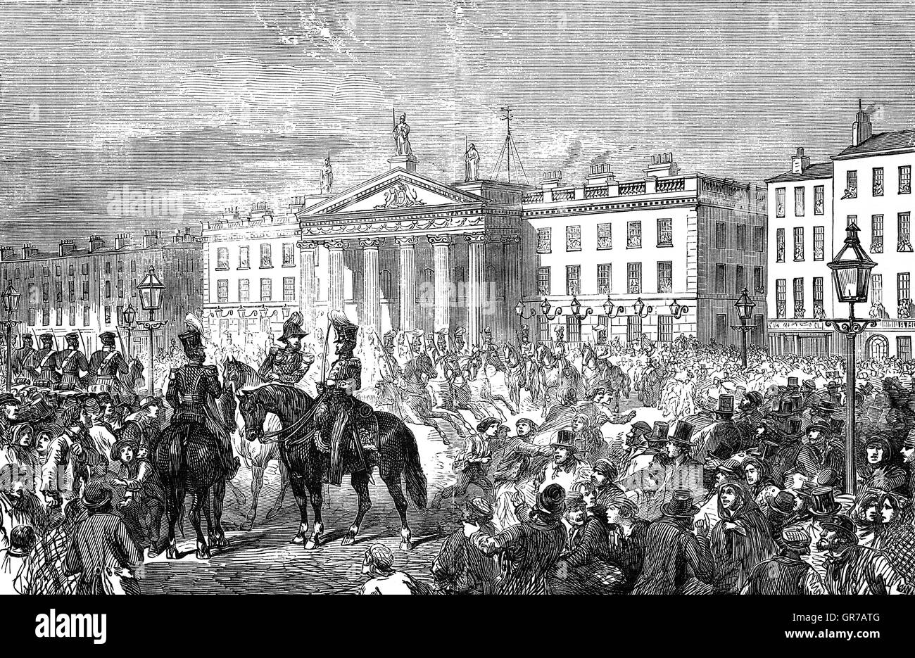 (Jetzt O' Connell) Sackville Street während der junge Irland-Rebellion von 1848. Die Führer waren William Smith O'Brien, Thomas Francis Meagher und Richard O'Gorman, die hofften, irischen Vermieter und Mieter aus Protest gegen die britische Herrschaft zu vereinen. Stockfoto