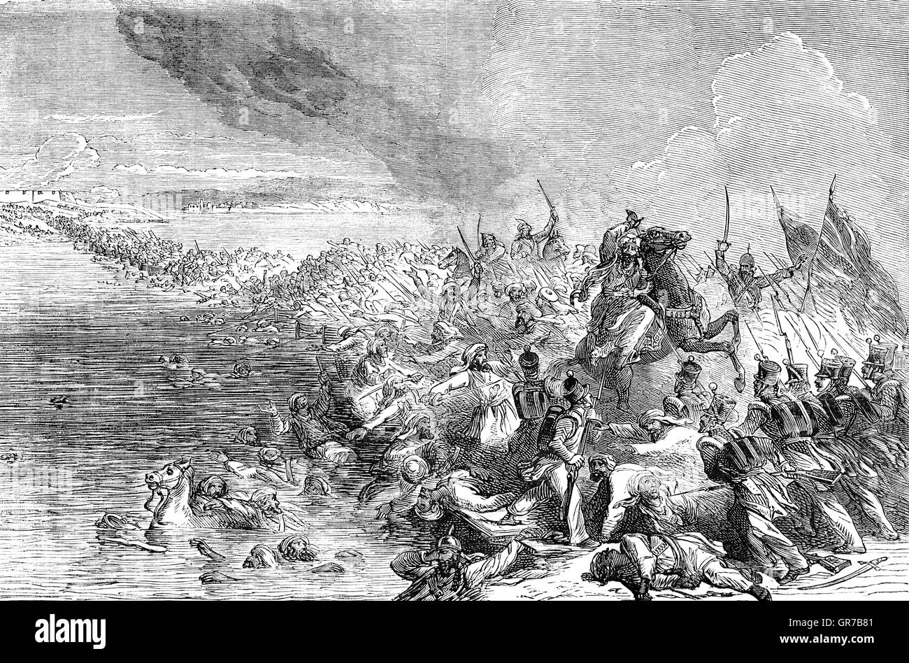 Die Belagerung von Delhi war eines der entscheidenden Konflikte des indischen Aufstands von 1857 als indische Soldaten der britischen Ostindien-Kompanie Bengal Armee offen rebellierte gegen ihre britischen Offiziere und unerwartet, überquerte die Brücke von Booten über den Fluss Jumna nach Delhi.  Der Aufstand wurde durch die Einführung der Muster 1853 Enfield Gewehr. Die Patronen dafür waren weit geglaubt, mit einer Mischung aus Rind und Schwein Fett geschmiert werden, und um sie offen zu beißen, beim Laden der Waffe (je nach Bedarf durch die Bohrer-Bücher) hinduistischen und muslimischen Soldaten verunreinigen würde. Stockfoto
