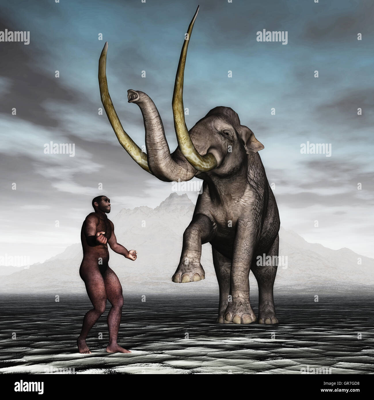 Mammut mit Urmenschen Stockfoto