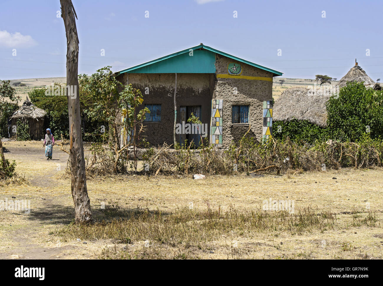 Rectanglar muslimischen Bauernhaus mit Wanddekorationen, Arsi, Bono, Äthiopien Stockfoto