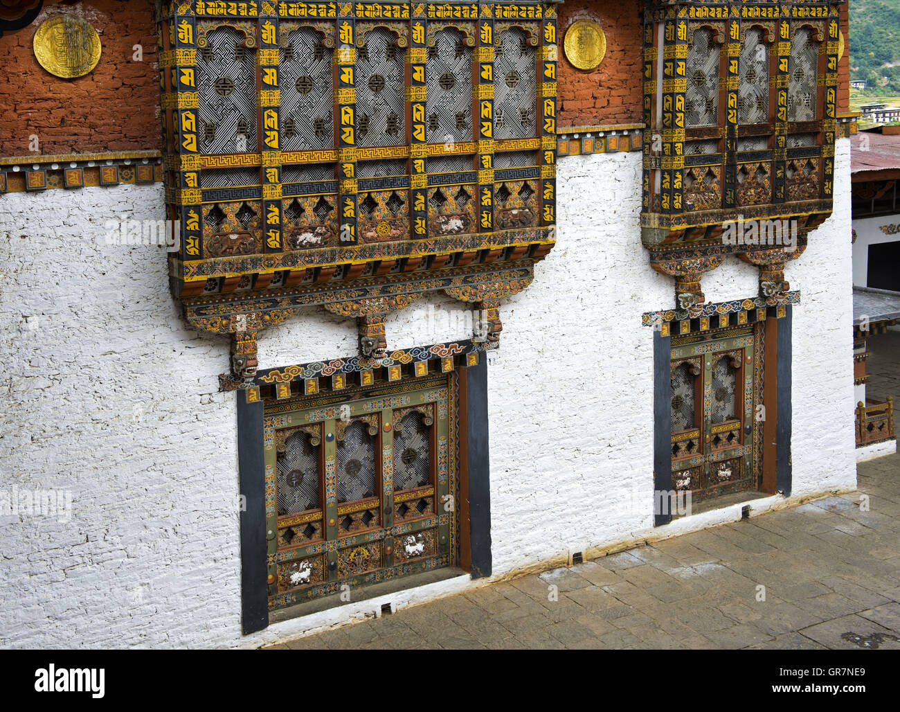 Verziert Fenster und Erker In das Kloster und die Festung Punakha Dzong, Punakah, Bhutan Stockfoto