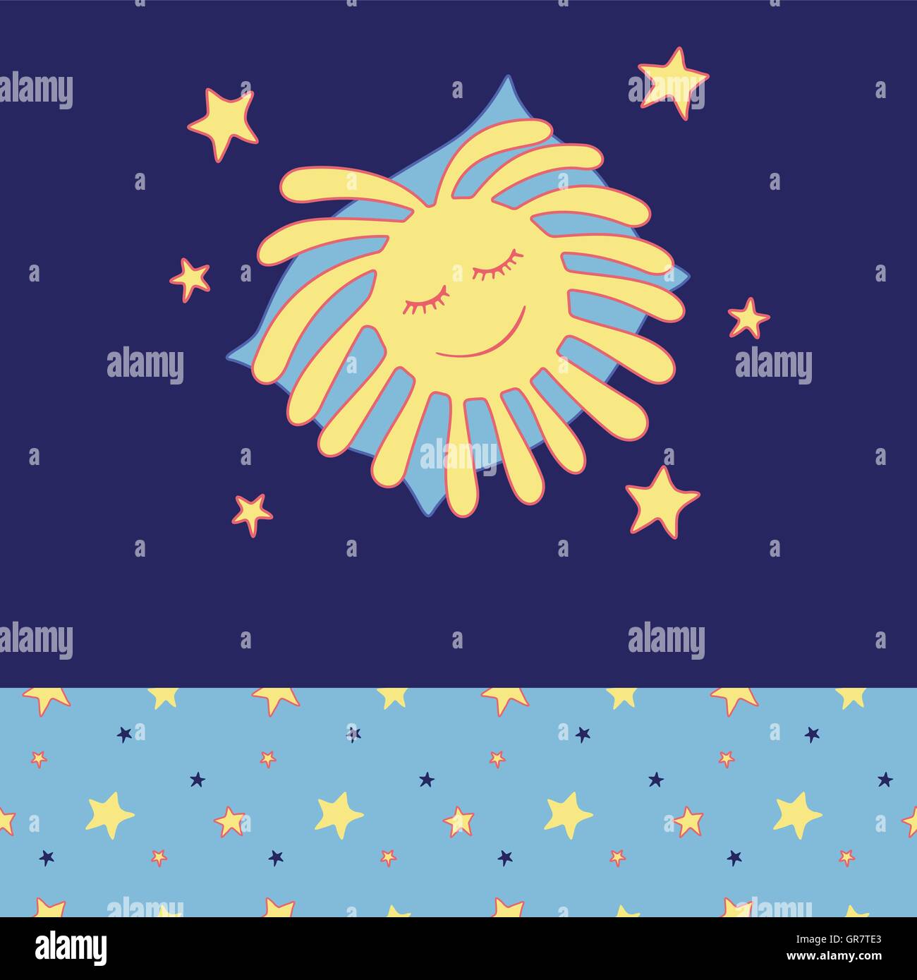Sonne schläft auf einem Kissen in den Sternen. Gemütliche Verschleiß oben und unten Muster Stock Vektor