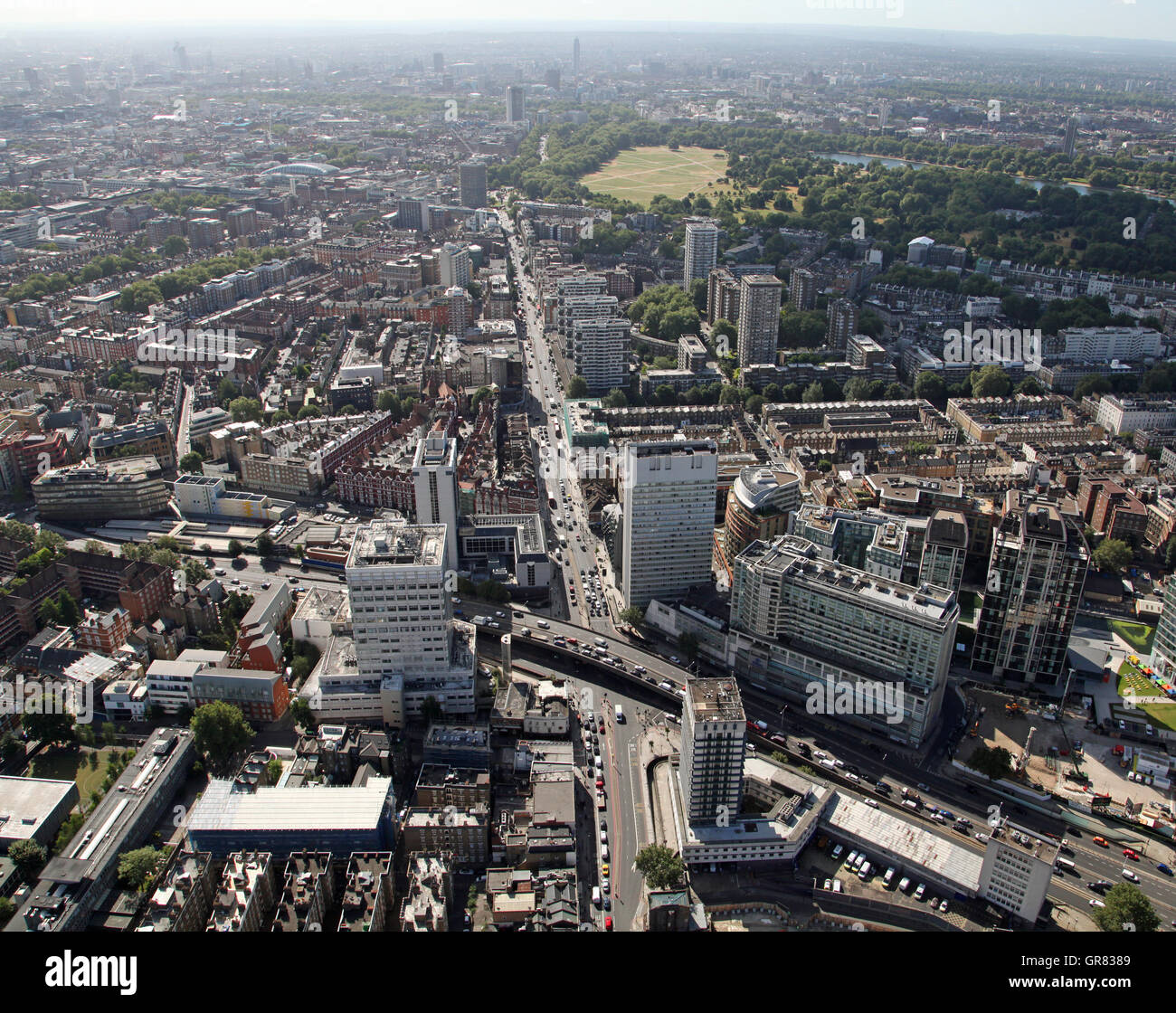 Luftaufnahme, Blick nach Süden auf der A5 Edgware Road, London von der A4 nach Hyde Park Corner, UK Stockfoto
