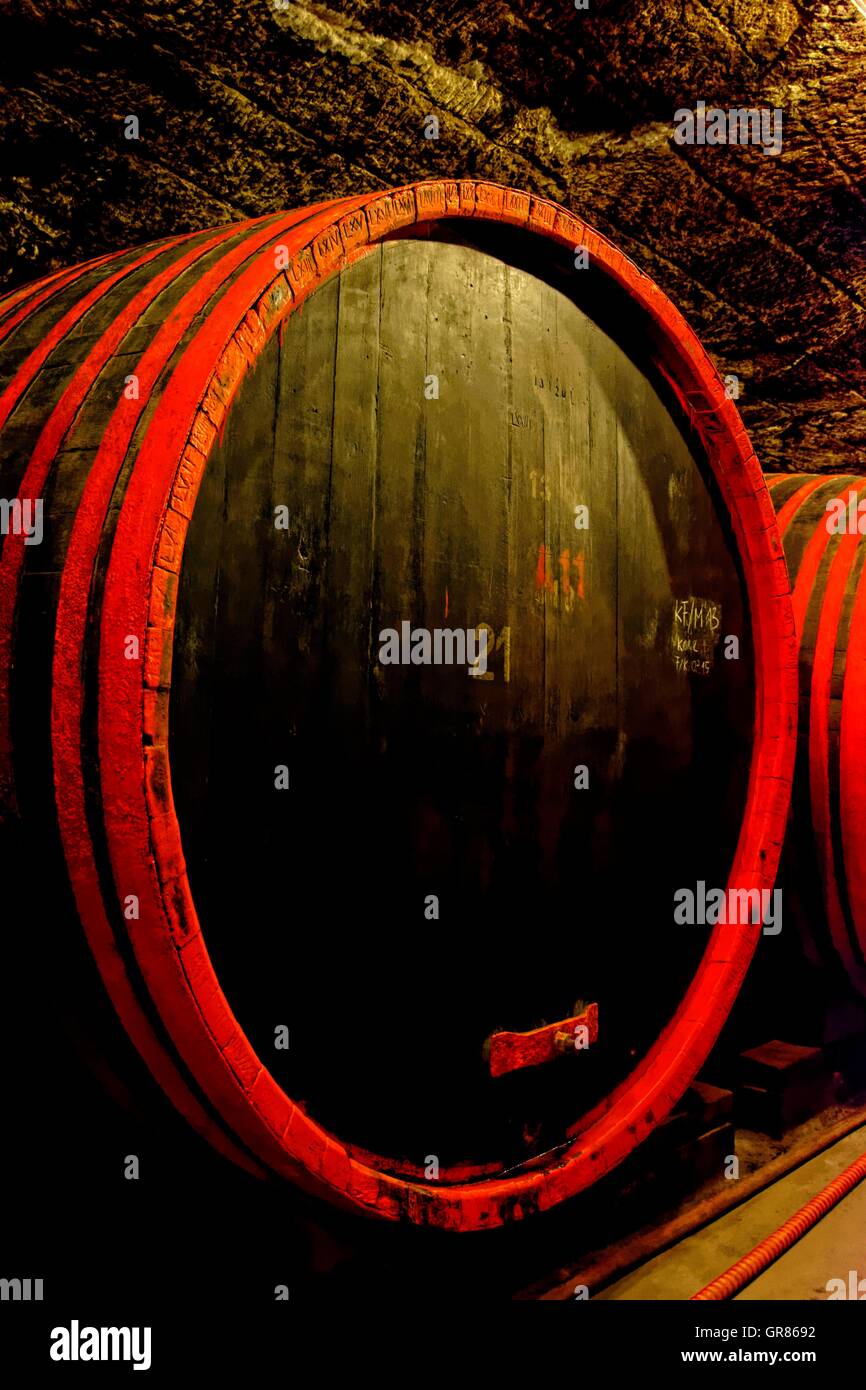 Riesige hölzerne Weinfass im Keller von den Brüdern Juhasz In Eger, Ungarn Stockfoto