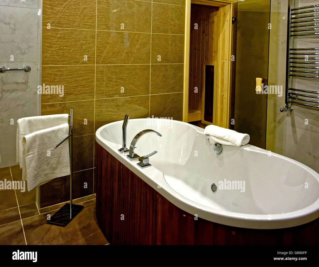 Badezimmer mit 2 Waschbecken, Dusche, WC, Sauna Stockfoto