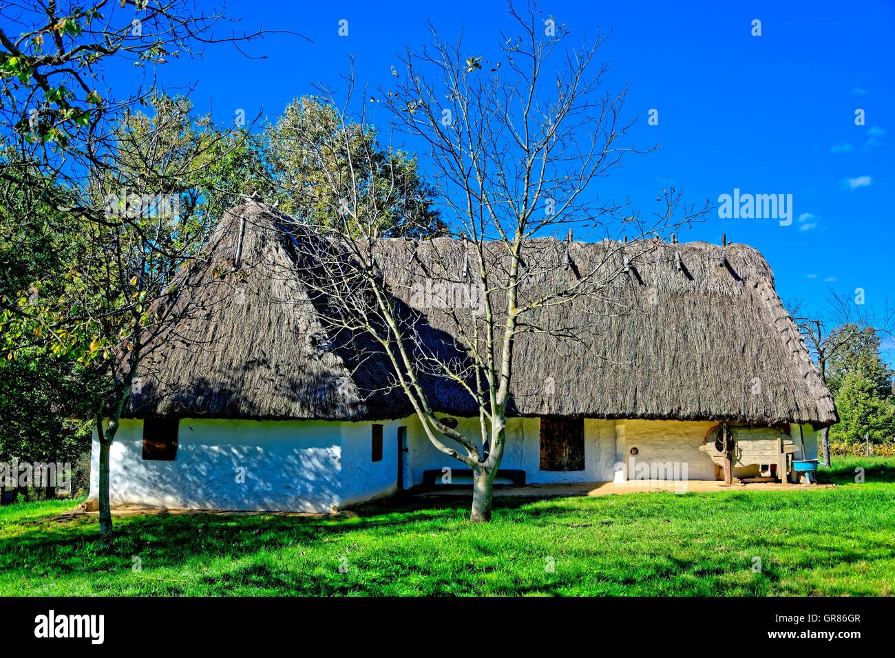 Altes Bauernhaus mit Stroh bedeckten Zweiseithof Stockfoto