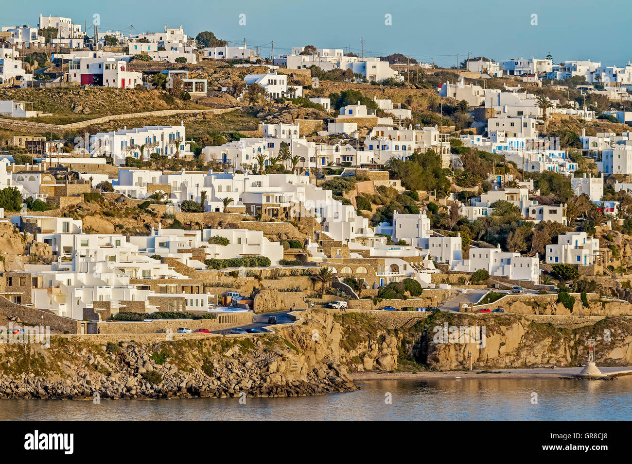 Die weißen Häuser von Mykonos-Stadt Mykonos Griechenland Stockfoto