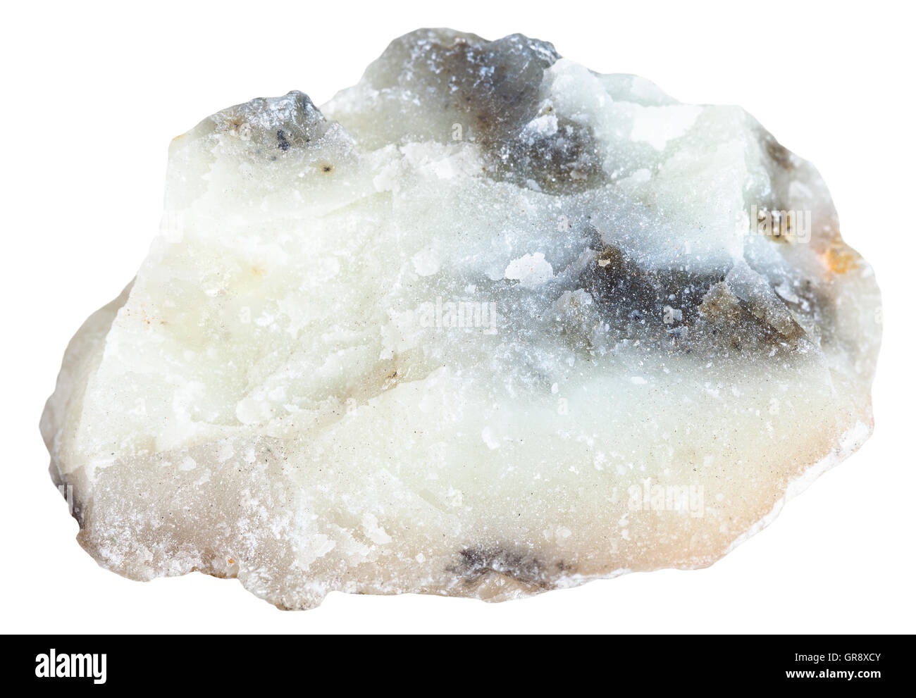 Makroaufnahmen von Bodenschätzen - Talkum Stein isoliert auf weißem Hintergrund Stockfoto