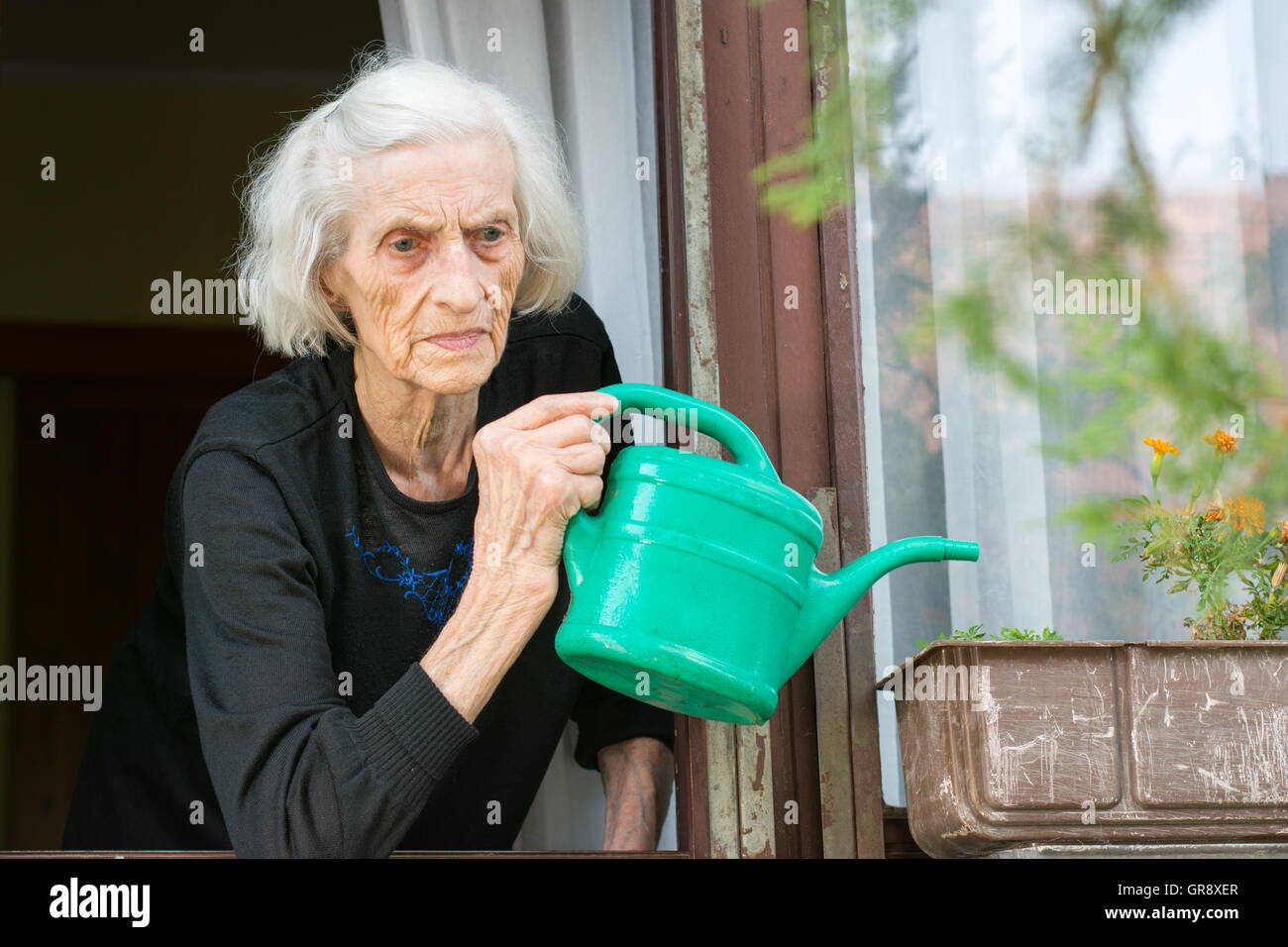 Ältere Frau Blume auf ihrem Haus Fenster gießen Stockfoto
