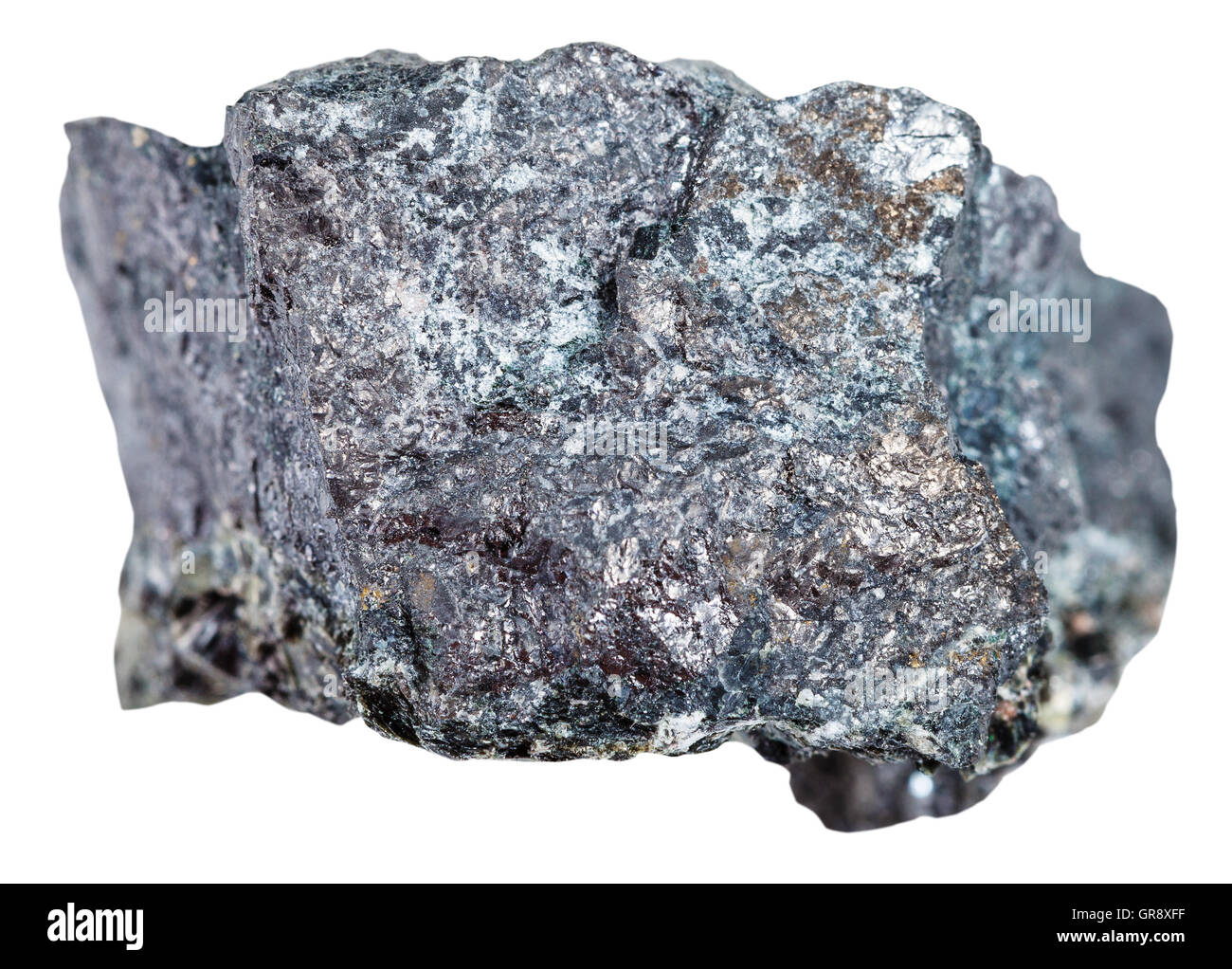 Makroaufnahmen von Bodenschätzen - Exemplar von Magnetit Eisenerz isoliert auf weißem Hintergrund Stockfoto