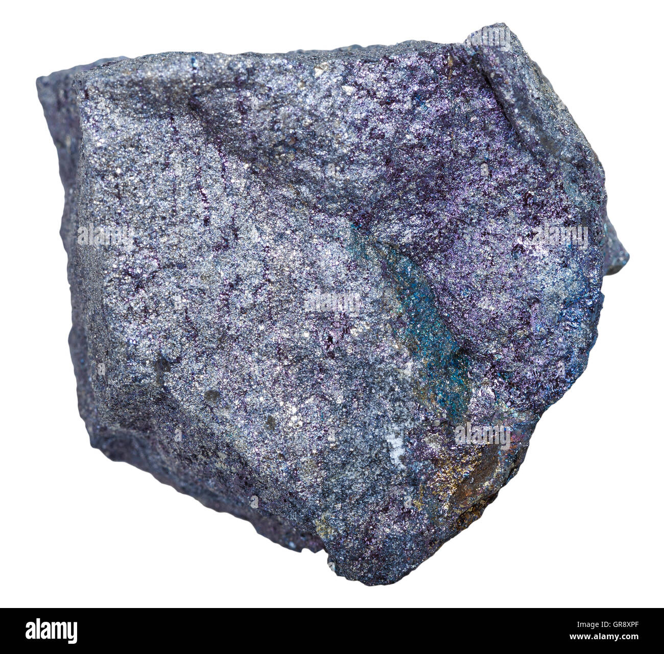 Makroaufnahmen von Bodenschätzen - Bornit (Pfau Erz, Pfau Kupfer) Stein isoliert auf weißem Hintergrund Stockfoto