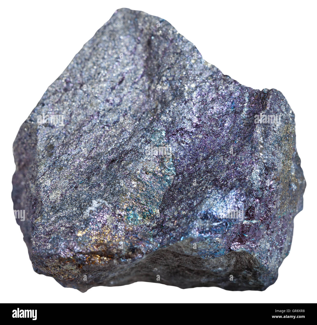 Makroaufnahmen von Bodenschätzen - Bornit (Pfau Erz, Pfau Kupfer) Rock isoliert auf weißem Hintergrund Stockfoto