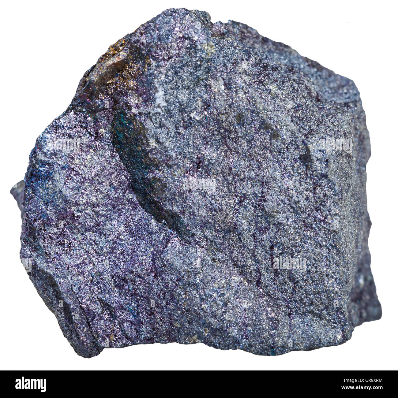 Makroaufnahmen von Bodenschätzen - Bornit (Pfau Erz, Pfau Kupfer) Probe isoliert auf weißem Hintergrund Stockfoto
