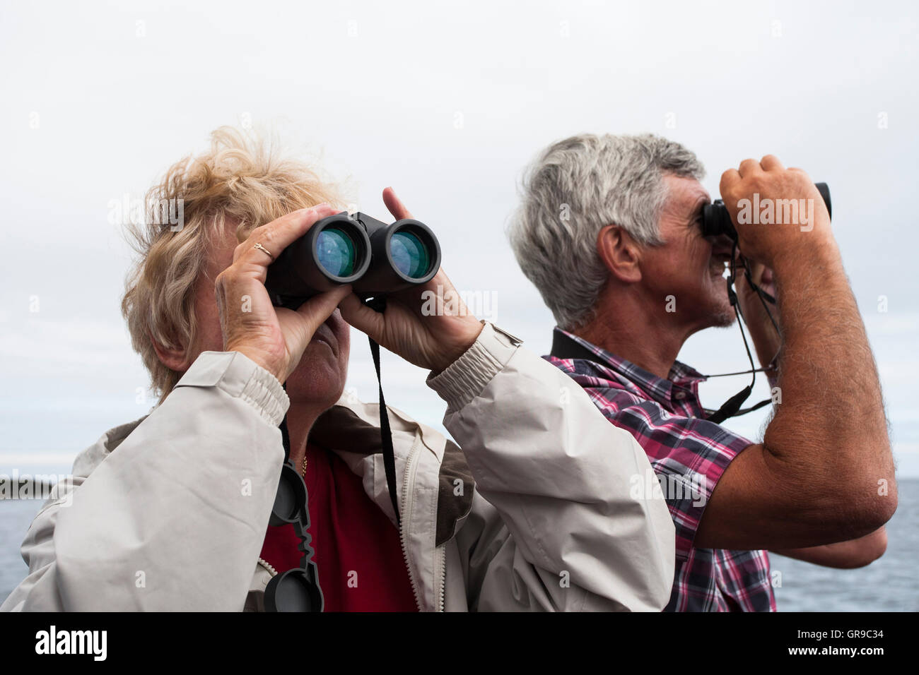 Erwachsenes paar, 60-65 Jahre, mit Fernglas, Northumberland, England, Vereinigtes Königreich Stockfoto