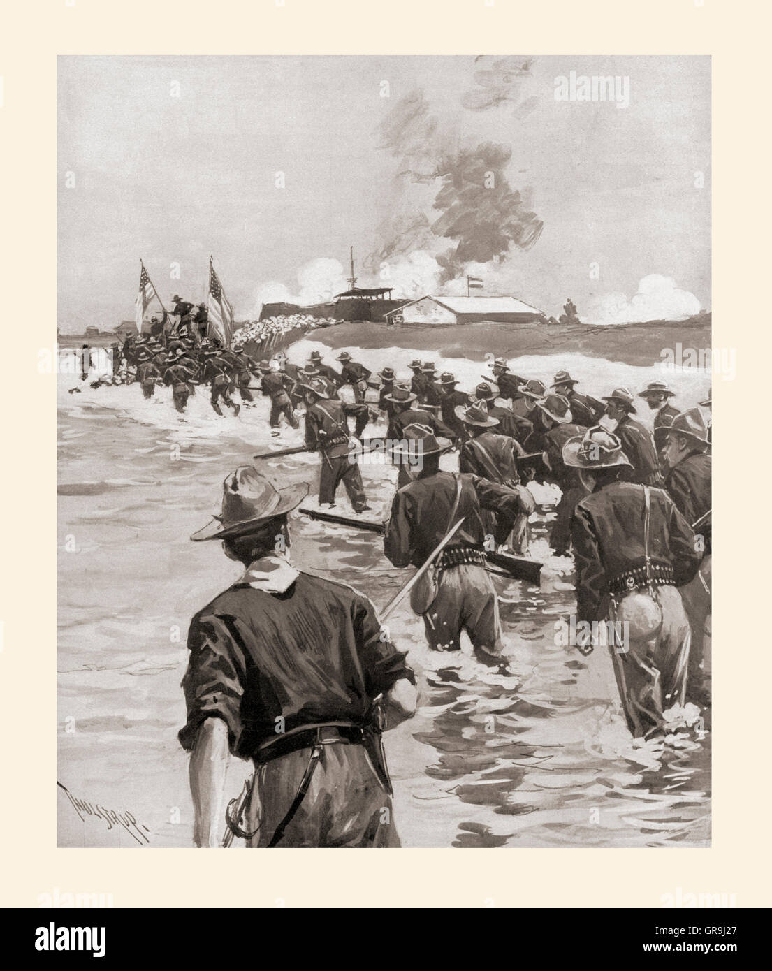 Der Angriff auf Fort San Antonio Abad in der Schlacht von Manila während des Spanisch-Amerikanischen Krieges 1898. Stockfoto