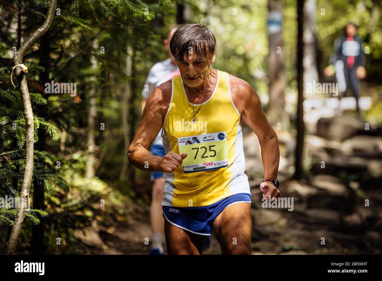 Athlet älteren männlichen Athleten laufen in Wäldern während Bergmarathon Stockfoto