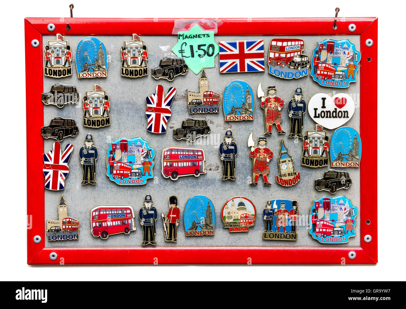 Britisch/London Tourist Erinnerungsstücke Kühlschrankmagnete zum Verkauf. London, UK. Stockfoto