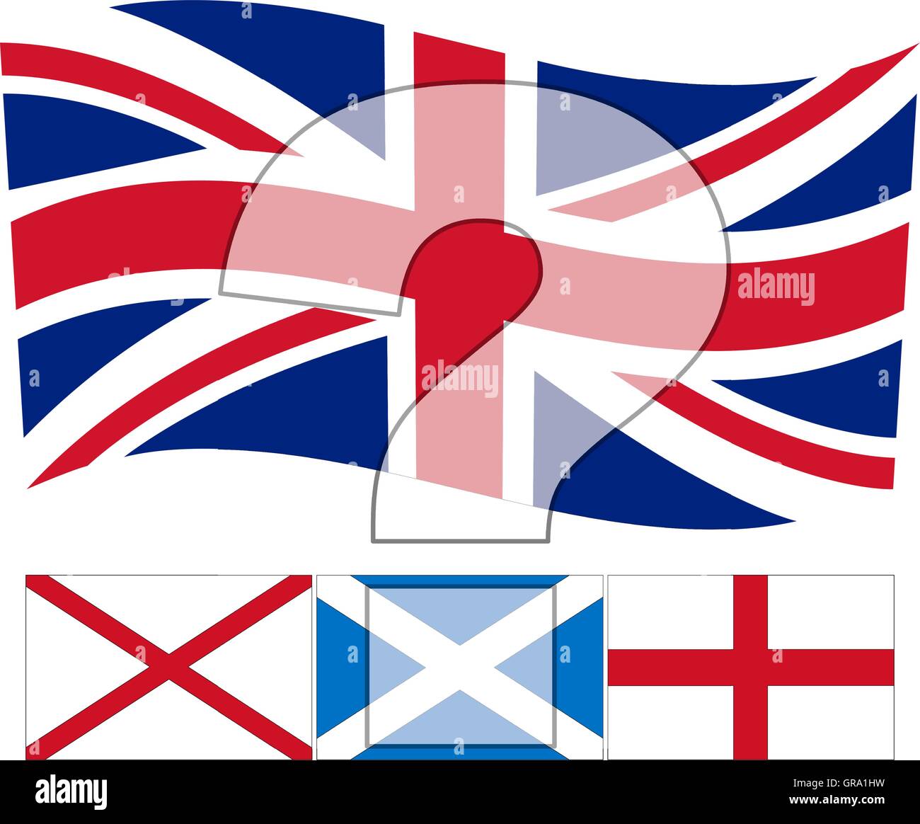 UN-Vereinigtes Königreich - Vereinigtes Königreich-Flagge über die irische, schottische und englische Fahnen & ein Fragezeichen über der Oberseite. Stock Vektor