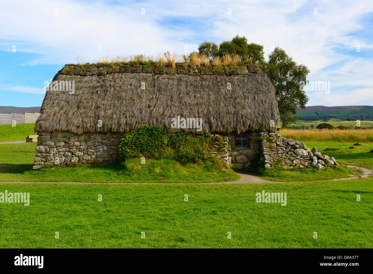 Alte Leanach Cottage bei Culloden Schlachtfeld Culloden Moor, in der Nähe von Inverness, Highland, Schottland Stockfoto