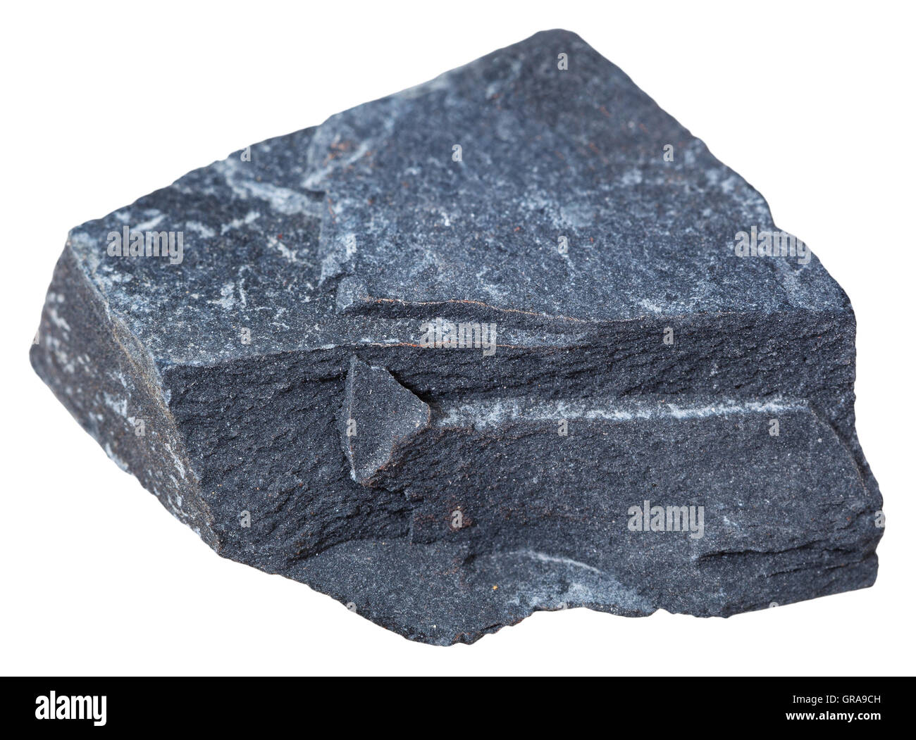 Makroaufnahmen von Sedimentgestein Proben - Tonschiefer (Tonstein) Mineral isoliert auf weißem Hintergrund Stockfoto