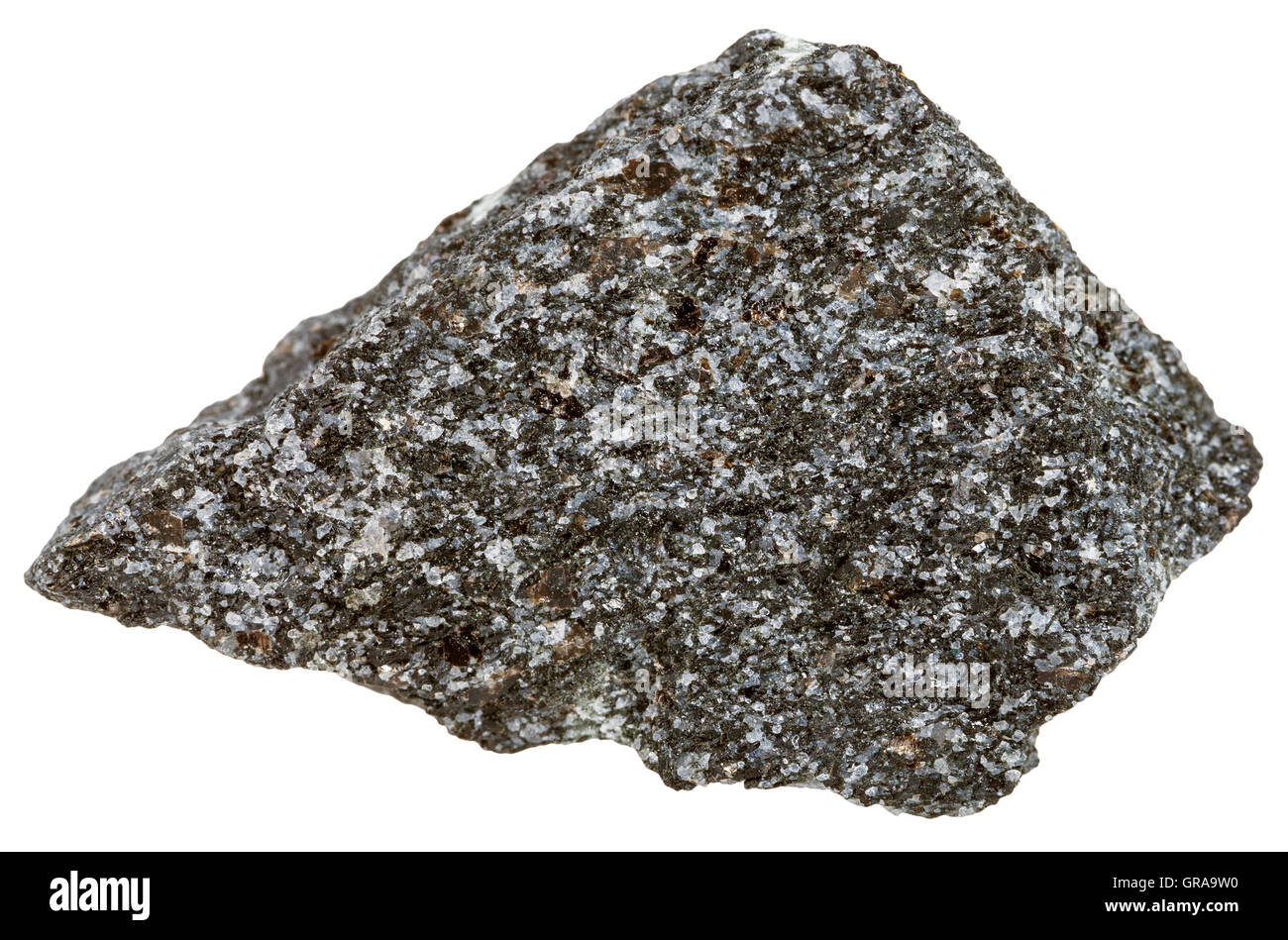 Makroaufnahmen von Eruptivgestein Proben - Nepheline Syenit Mineral isoliert auf weißem Hintergrund Stockfoto