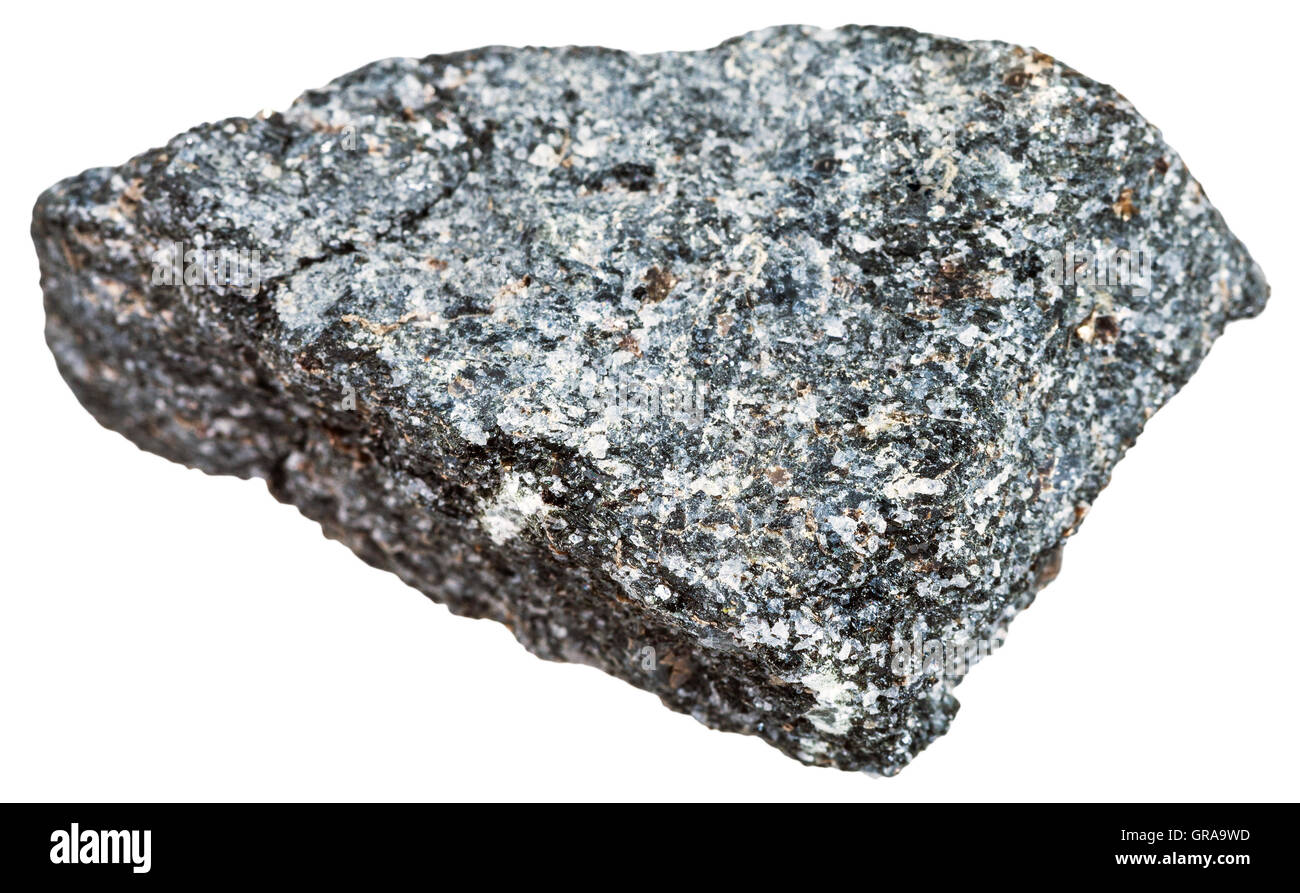 Makroaufnahmen von Eruptivgestein Proben - Nepheline Syenit Stein isoliert auf weißem Hintergrund Stockfoto