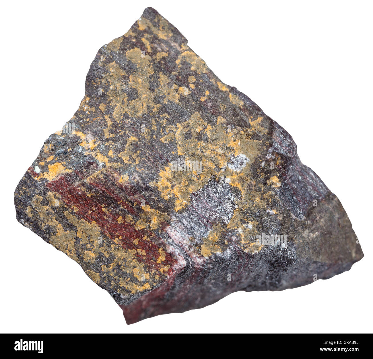 Makroaufnahmen von metamorpher Felsen Proben - Stück von Jaspillite (Jaspilite, eisenhaltige Quarzit) Mineral isoliert auf weiss Stockfoto