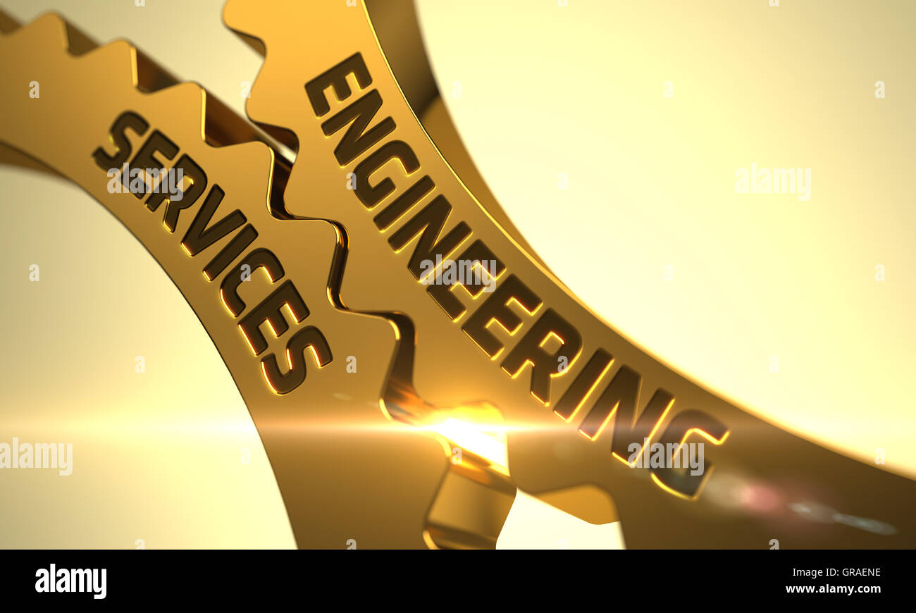 Engineering-Dienstleistungen auf Golden metallische Zahnrad Zahnräder. 3D Illustration. Stockfoto
