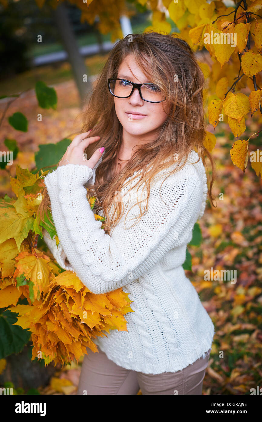 schöne Frau mit Sonnenbrille auf dem Hintergrund des gelben Laub im Herbst Park spazieren Stockfoto