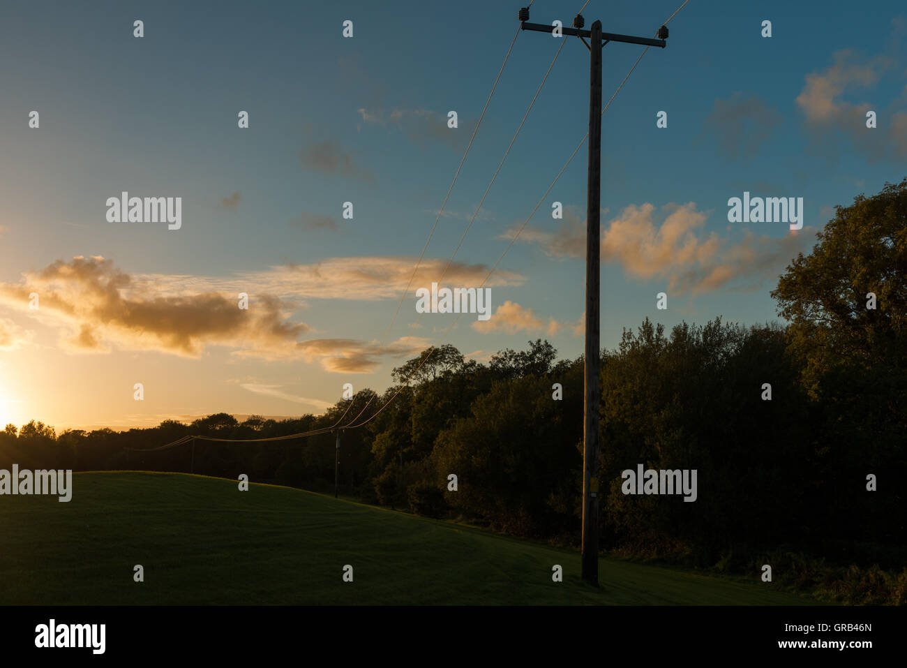 Holz- power line Pole und elektrischen Freileitungen bei Sonnenuntergang Stockfoto