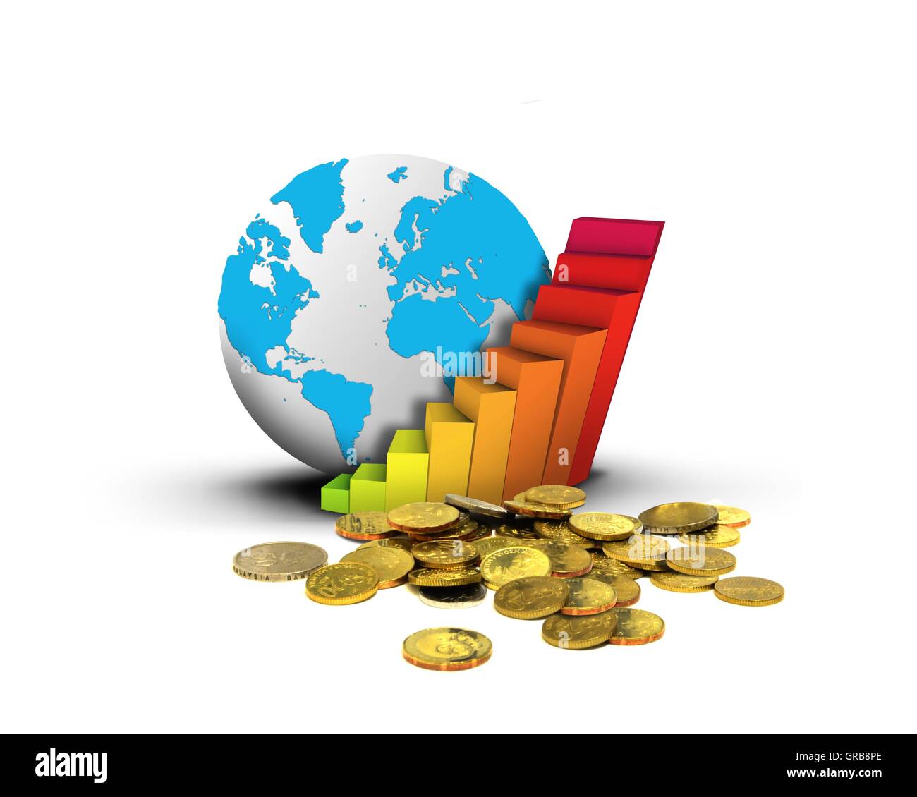 Globus-Diagramm und Münzen Finanzkonzept Stockfoto