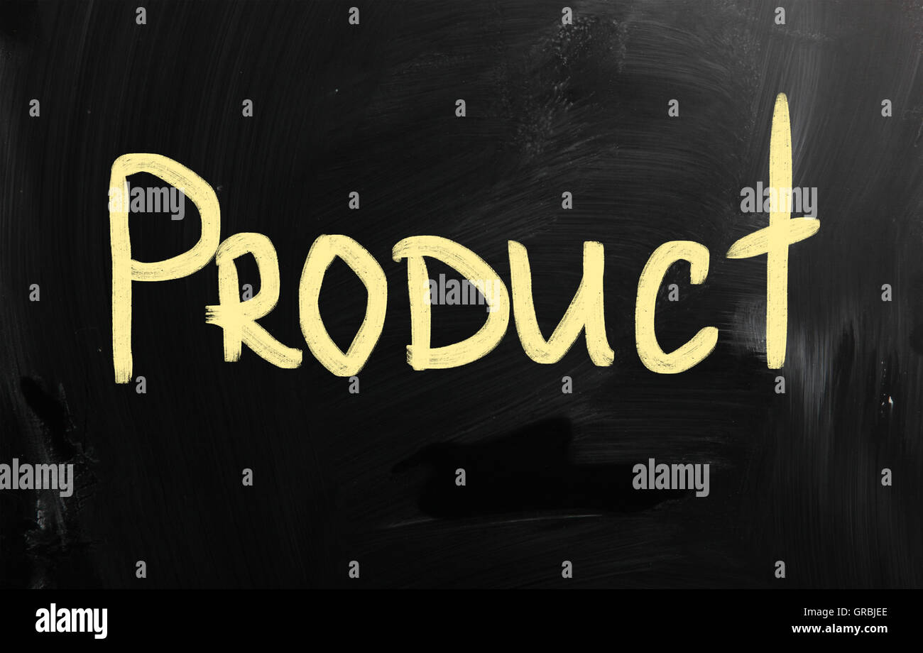 Produkt mit weißer Kreide auf einer Tafel handschriftliche Stockfoto