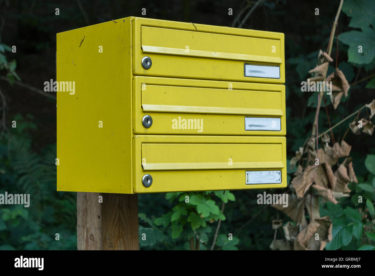 Gelben Briefkasten mit mehreren Schließfächer Stockfoto