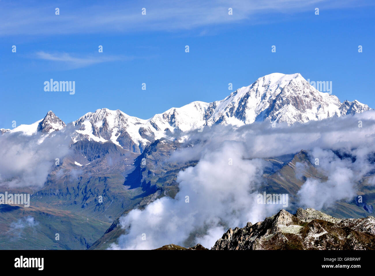 Das Massiv des Mont Blanc, gesehen vom Süden, Les Arcs, Panorama Blick, Frankreich Stockfoto