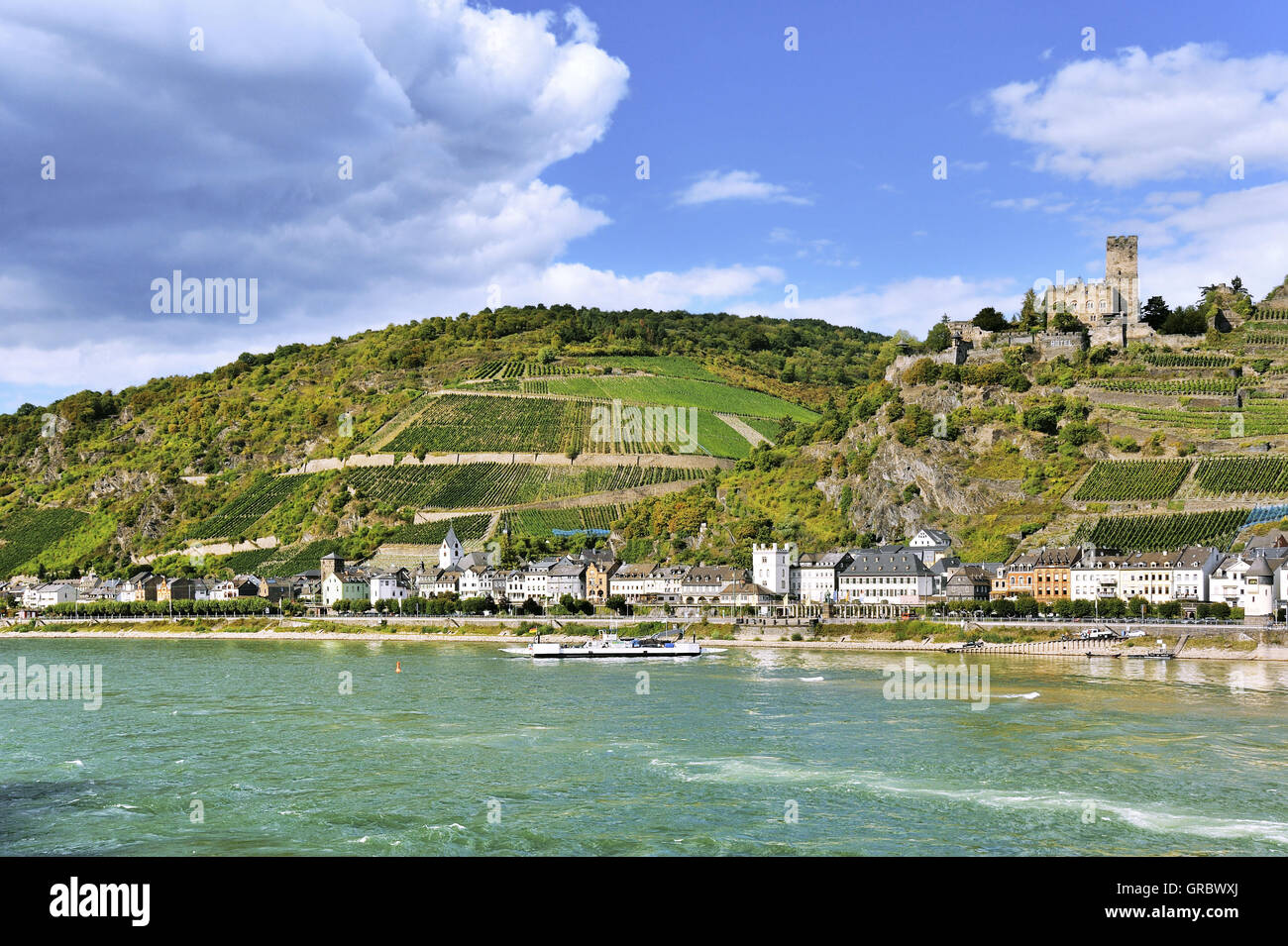 Ufer des Rheins mit der Stadt Kaub, die Weinberge und Gutenfels Schloss, auch bekannt als Caub, Oberes Mittelrheintal, Deutschland Stockfoto
