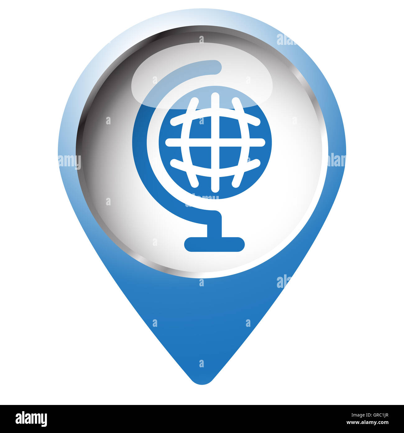 Karte-Pin-Symbol mit Erde Globus-Symbol. Blaue Raute auf weißem Hintergrund. Stockfoto