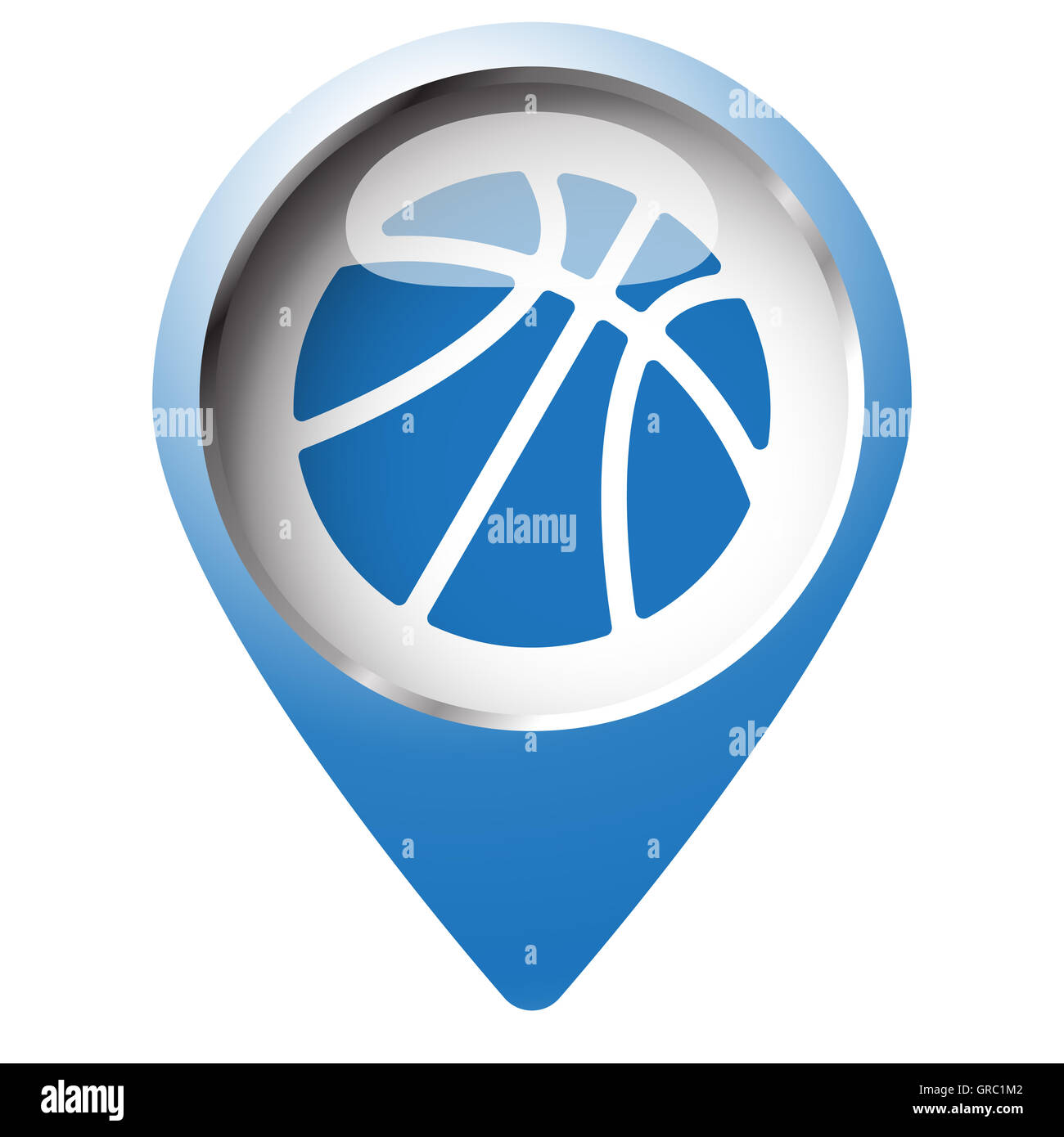 Karte-Pin-Symbol mit Basketball-Symbol. Blaue Raute auf weißem Hintergrund. Stockfoto