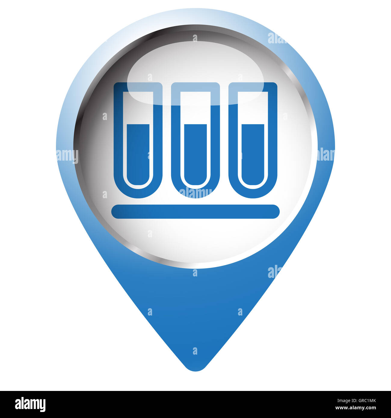 Karte-Pin-Symbol mit Reagenzglas-Symbol. Blaue Raute auf weißem Hintergrund. Stockfoto