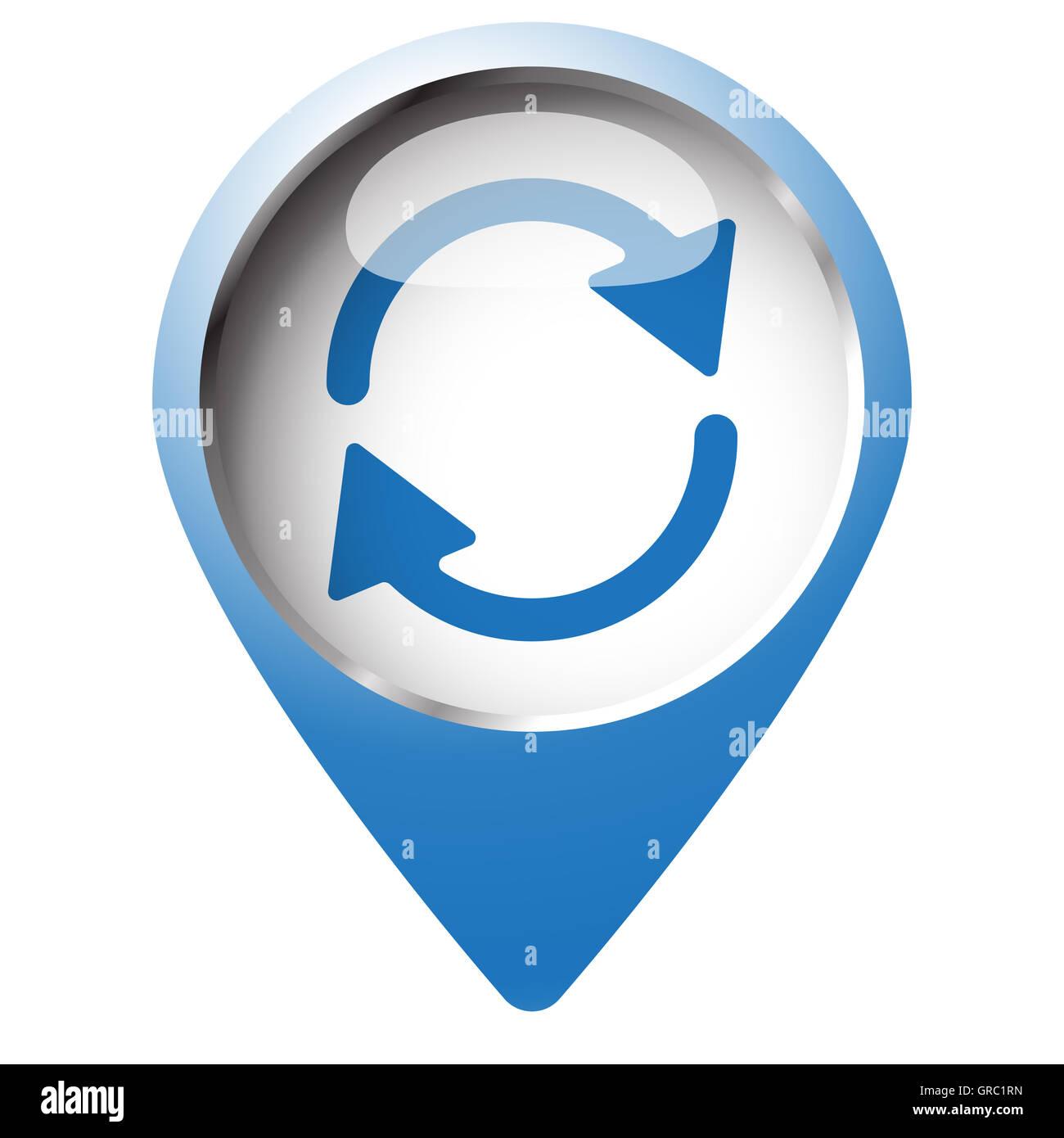 Karte-Pin-Symbol mit Symbol "aktualisieren". Blaue Raute auf weißem Hintergrund. Stockfoto