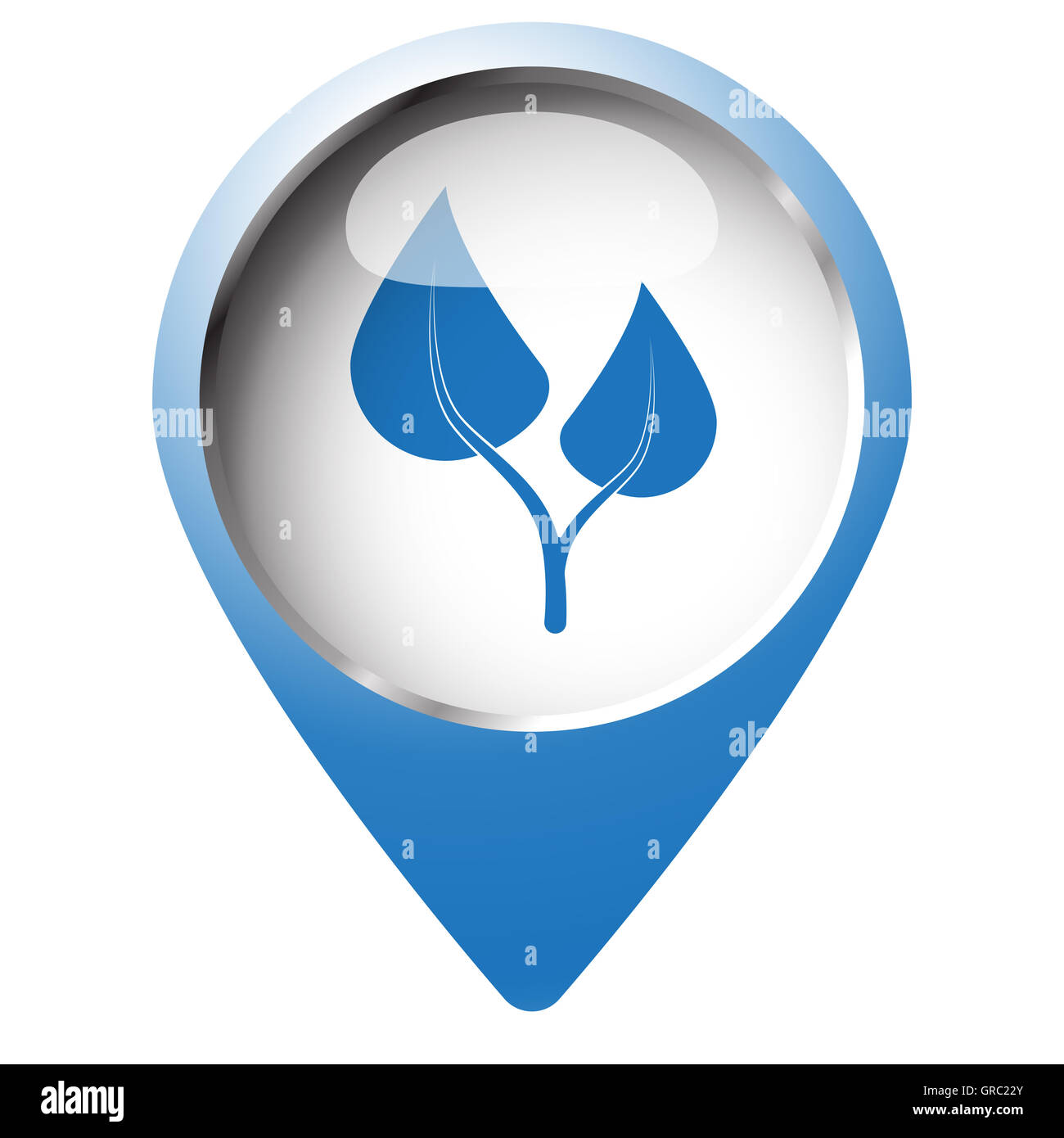 Karte-Pin-Symbol mit Heilkräuter-Symbol. Blaue Raute auf weißem Hintergrund. Stockfoto