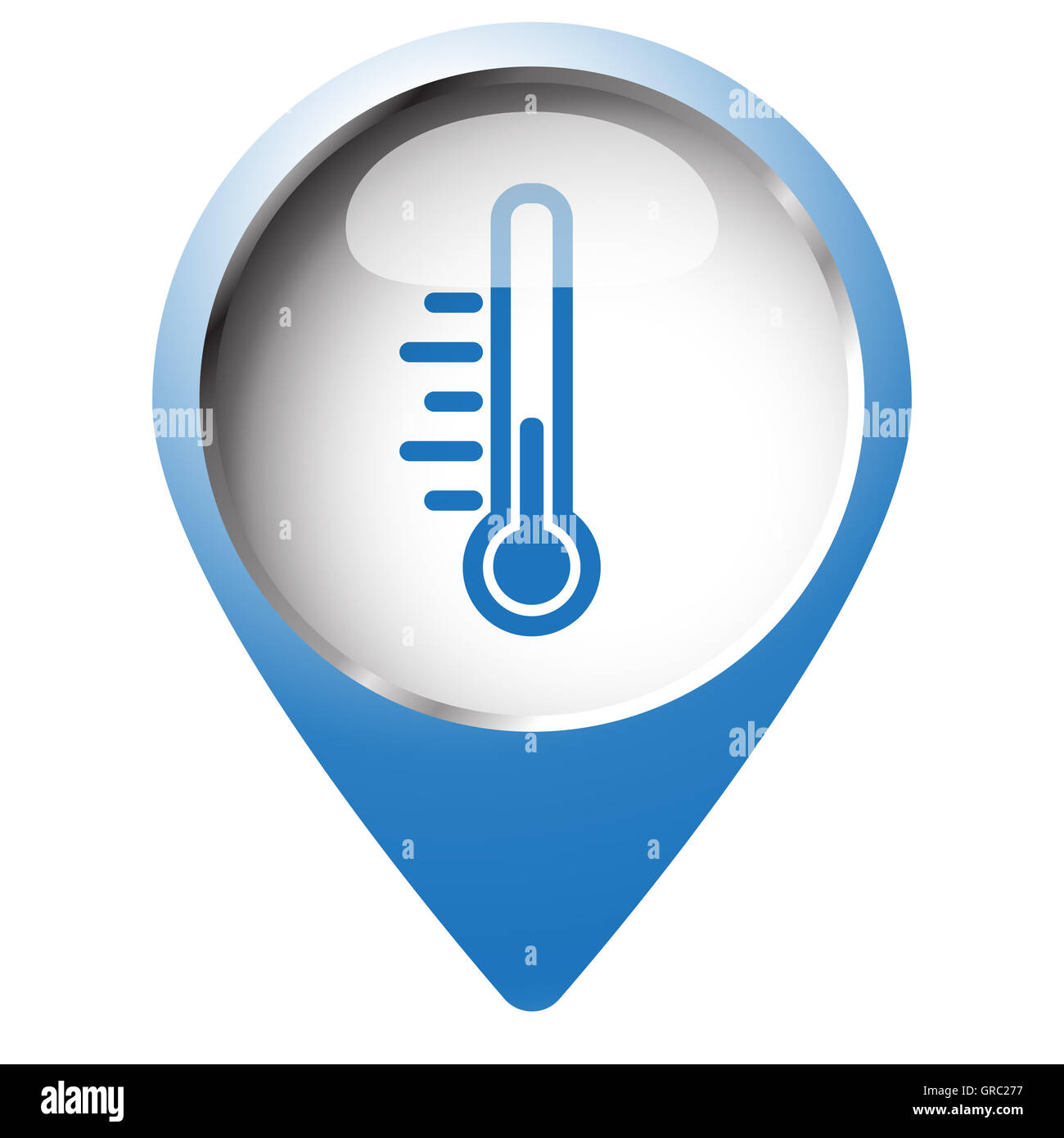 Karte-Pin-Symbol mit Temperatur-Symbol. Blaue Raute auf weißem Hintergrund. Stockfoto