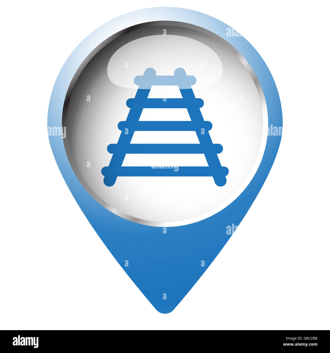 Karte-Pin-Symbol mit Eisenbahn-Symbol. Blaue Raute auf weißem Hintergrund. Stockfoto