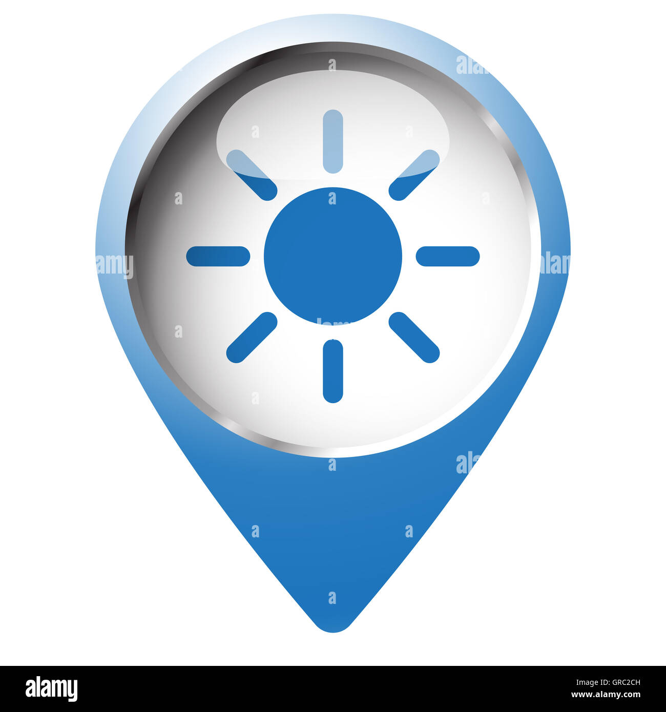 Karte-Pin-Symbol mit Sonnen-Symbol. Blaue Raute auf weißem Hintergrund. Stockfoto