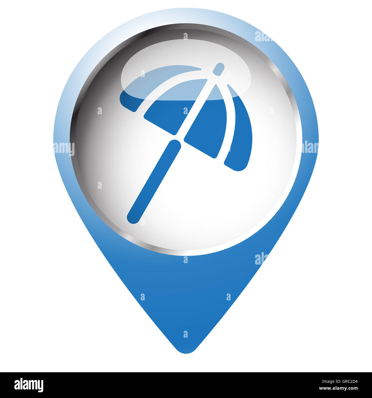 Karte-Pin-Symbol mit Sonnenschirm-Symbol. Blaue Raute auf weißem Hintergrund. Stockfoto